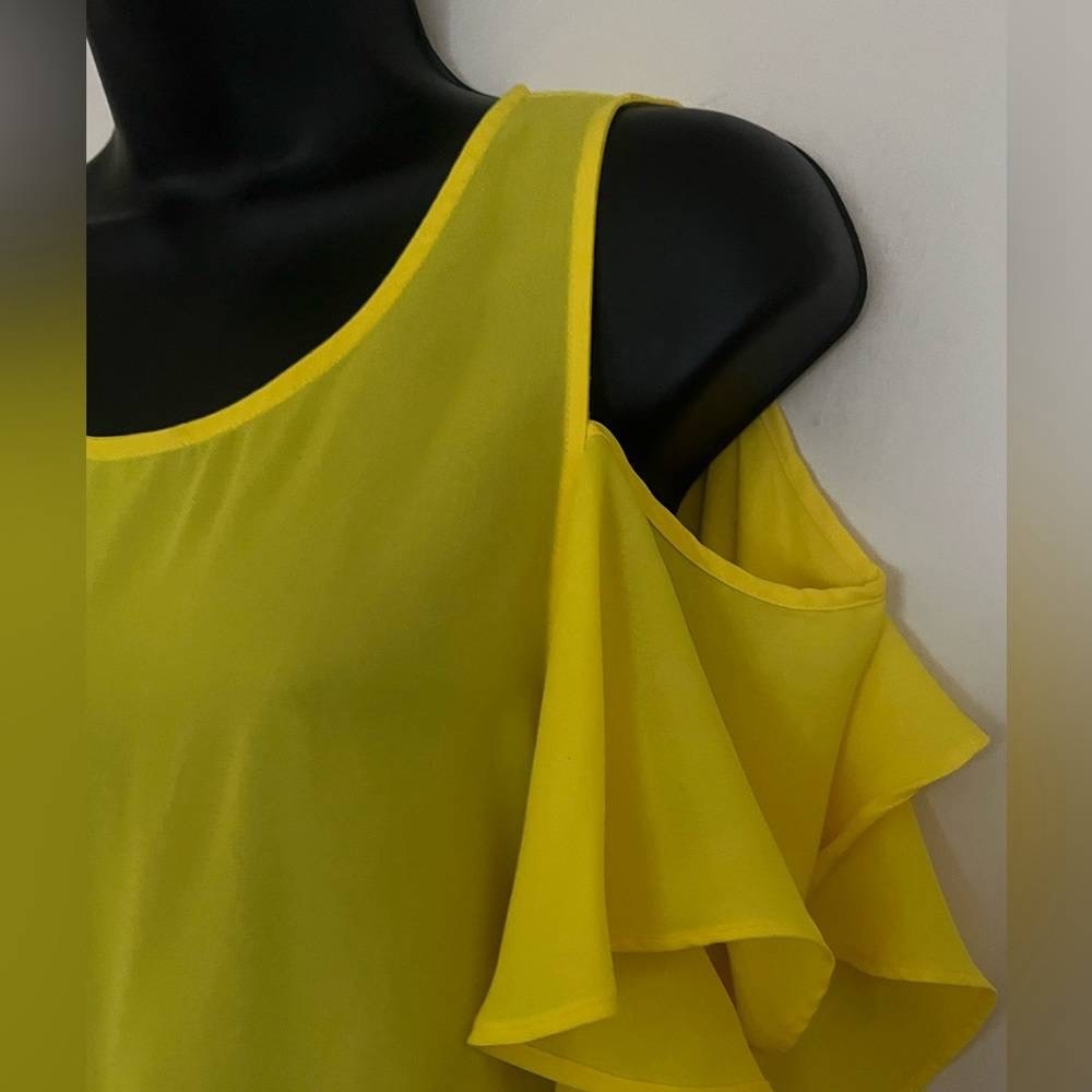 Womens Yellow Cold-Shoulder Tie-Hem Blouse - Picture 3 of 4